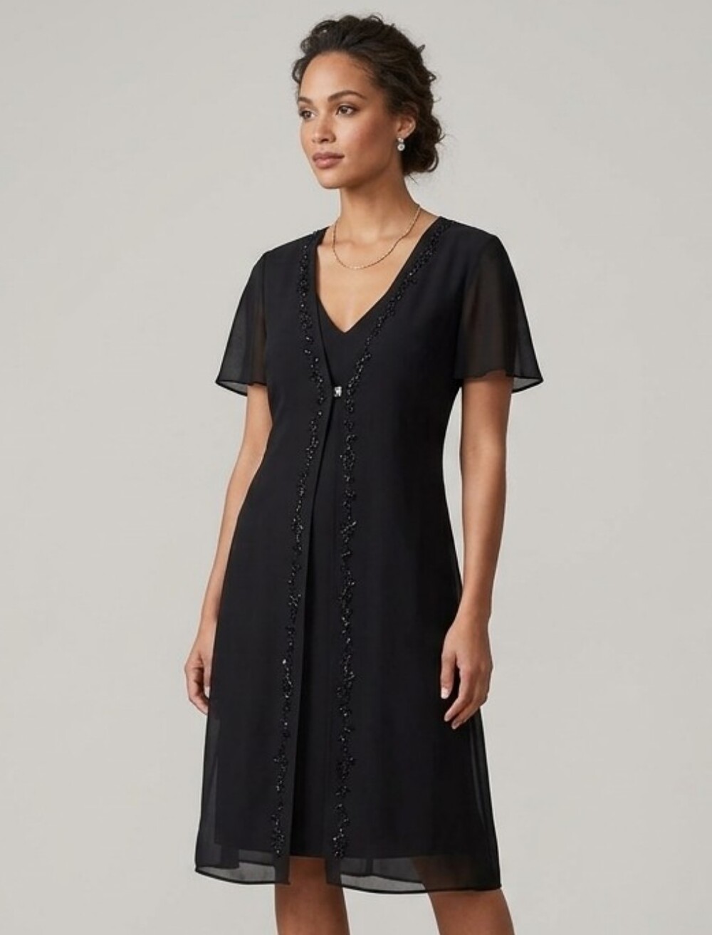 Tradition Vintage Beaded V-Neck Black Midi Dress Whimsigoth Casual Goth US14